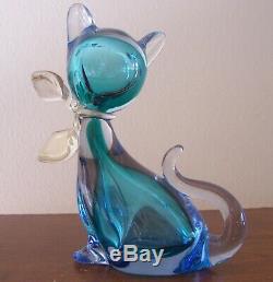 Vintage Glass Murano Siamese Cat Blue Gold Bow 6 1/4 inch tall Museum Quality