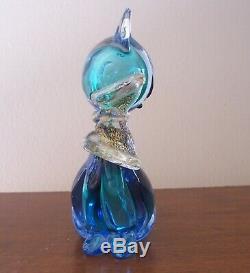 Vintage Glass Murano Siamese Cat Blue Gold Bow 6 1/4 inch tall Museum Quality