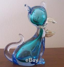 Vintage Glass Murano Siamese Cat Blue Gold Bow 6 1/4 inch tall Museum Quality