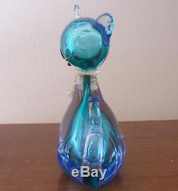 Vintage Glass Murano Siamese Cat Blue Gold Bow 6 1/4 inch tall Museum Quality