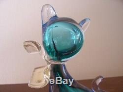 Vintage Glass Murano Siamese Cat Blue Gold Bow 6 1/4 inch tall Museum Quality