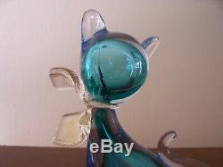 Vintage Glass Murano Siamese Cat Blue Gold Bow 6 1/4 inch tall Museum Quality