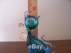 Vintage Glass Murano Siamese Cat Blue Gold Bow 6 1/4 inch tall Museum Quality