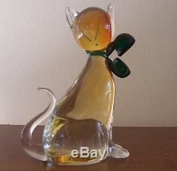 Vintage Glass Murano Siamese Cat Gold Green Bow 8 inch tall Museum Quality
