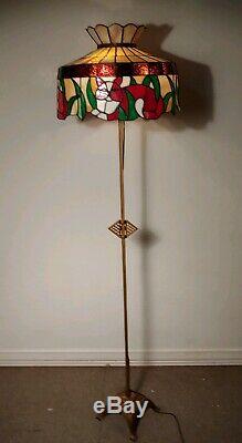 Vintage Golden Cast & Wrough Iron Floor Lamp Art Deco Tiffany Style Cat Shade