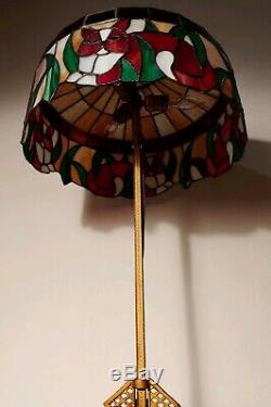 Vintage Golden Cast & Wrough Iron Floor Lamp Art Deco Tiffany Style Cat Shade