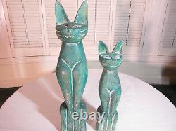 Vintage Hand Carved Wood Stained Statue Pair Of Cats Antique Collector Art Deco