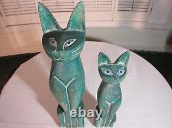 Vintage Hand Carved Wood Stained Statue Pair Of Cats Antique Collector Art Deco
