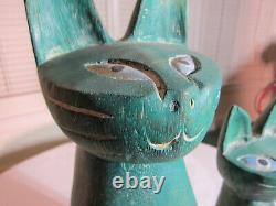 Vintage Hand Carved Wood Stained Statue Pair Of Cats Antique Collector Art Deco