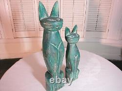 Vintage Hand Carved Wood Stained Statue Pair Of Cats Antique Collector Art Deco