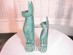 Vintage Hand Carved Wood Stained Statue Pair Of Cats Antique Collector Art Deco