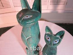 Vintage Hand Carved Wood Stained Statue Pair Of Cats Antique Collector Art Deco