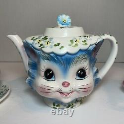 Vintage Lefton Miss Priss Teapot Creamer & Sugar Blue Anthropomorphic Kitty