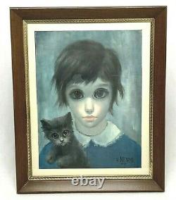 Vintage MARGARET KEANE 1961 Big Eyes A girl and her cat Framed Litho Print