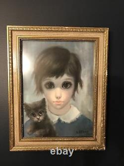 Vintage MARGARET KEANE 1961 Big Eyes A girl and her cat Framed Litho Print