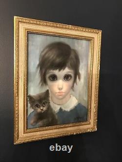 Vintage MARGARET KEANE 1961 Big Eyes A girl and her cat Framed Litho Print