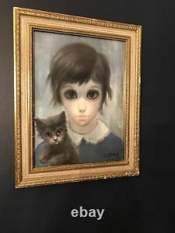 Vintage MARGARET KEANE 1961 Big Eyes A girl and her cat Framed Litho Print