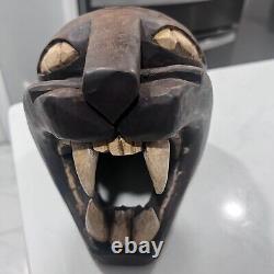 Vintage Mayan Carved Wood Black Panther / Jaguar Cat Head Folk Art Sculpture
