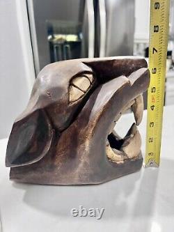 Vintage Mayan Carved Wood Black Panther / Jaguar Cat Head Folk Art Sculpture