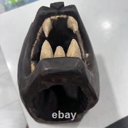 Vintage Mayan Carved Wood Black Panther / Jaguar Cat Head Folk Art Sculpture