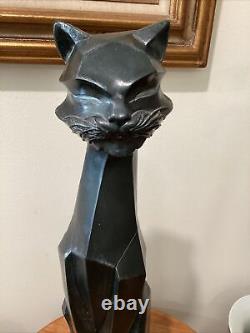 Vintage Modern Art Deco Cubist Black Cat Sculpture On Brass Base Artist Signed