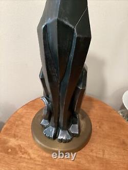 Vintage Modern Art Deco Cubist Black Cat Sculpture On Brass Base Artist Signed