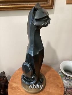 Vintage Modern Art Deco Cubist Black Cat Sculpture On Brass Base Artist Signed