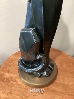 Vintage Modern Art Deco Cubist Black Cat Sculpture On Brass Base Artist Signed
