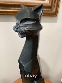 Vintage Modern Art Deco Cubist Black Cat Sculpture On Brass Base Artist Signed