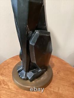 Vintage Modern Art Deco Cubist Black Cat Sculpture On Brass Base Artist Signed