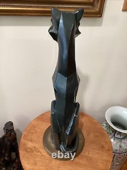 Vintage Modern Art Deco Cubist Black Cat Sculpture On Brass Base Artist Signed