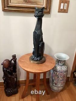 Vintage Modern Art Deco Cubist Black Cat Sculpture On Brass Base Artist Signed