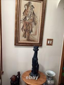 Vintage Modern Art Deco Cubist Black Cat Sculpture On Brass Base Artist Signed