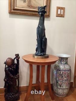 Vintage Modern Art Deco Cubist Black Cat Sculpture On Brass Base Artist Signed