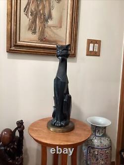 Vintage Modern Art Deco Cubist Black Cat Sculpture On Brass Base Artist Signed