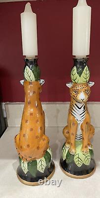 Vintage Pair of Cheetah Jaguar Leopard Ceramic Candlestick Holder Jungle Cat 12