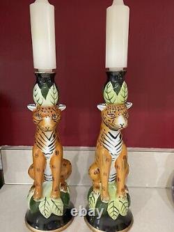Vintage Pair of Cheetah Jaguar Leopard Ceramic Candlestick Holder Jungle Cat 12