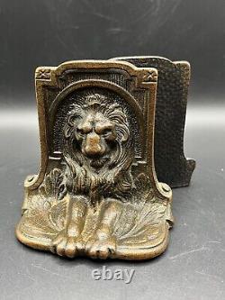 Vintage Pair of Figural Lion Bookends 1920s Metal Lions Cat Statue Book Ends