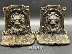 Vintage Pair of Figural Lion Bookends 1920s Metal Lions Cat Statue Book Ends