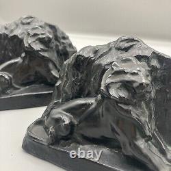 Vintage Pair of Figural Lion Bookends Cast Metal Lions Cat Statue Crescent Art