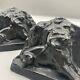 Vintage Pair Of Figural Lion Bookends Cast Metal Lions Cat Statue Crescent Art