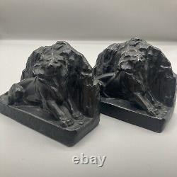 Vintage Pair of Figural Lion Bookends Cast Metal Lions Cat Statue Crescent Art