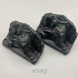 Vintage Pair of Figural Lion Bookends Cast Metal Lions Cat Statue Crescent Art