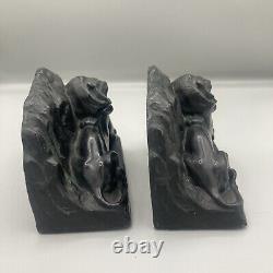 Vintage Pair of Figural Lion Bookends Cast Metal Lions Cat Statue Crescent Art