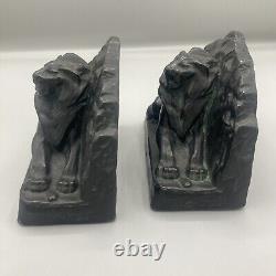 Vintage Pair of Figural Lion Bookends Cast Metal Lions Cat Statue Crescent Art