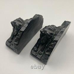 Vintage Pair of Figural Lion Bookends Cast Metal Lions Cat Statue Crescent Art
