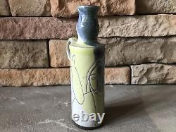 Vintage Pottery Vase Abstract Art Deco Incised Face Cat Mid Century Mod Signed