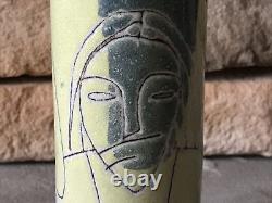 Vintage Pottery Vase Signed Abstract Art Deco Incised Face Cat Mid Century Mod