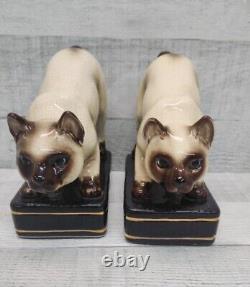 Vintage Rare Takahashi Crackle Siamese Crouching Cat Bookends San Francisco