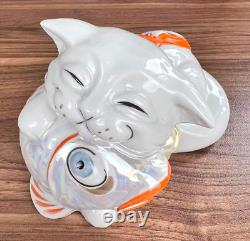 Vintage Soviet Ukraine Sumy Porcelain Kitten With Fish Figure Statue Nice 14.5cm